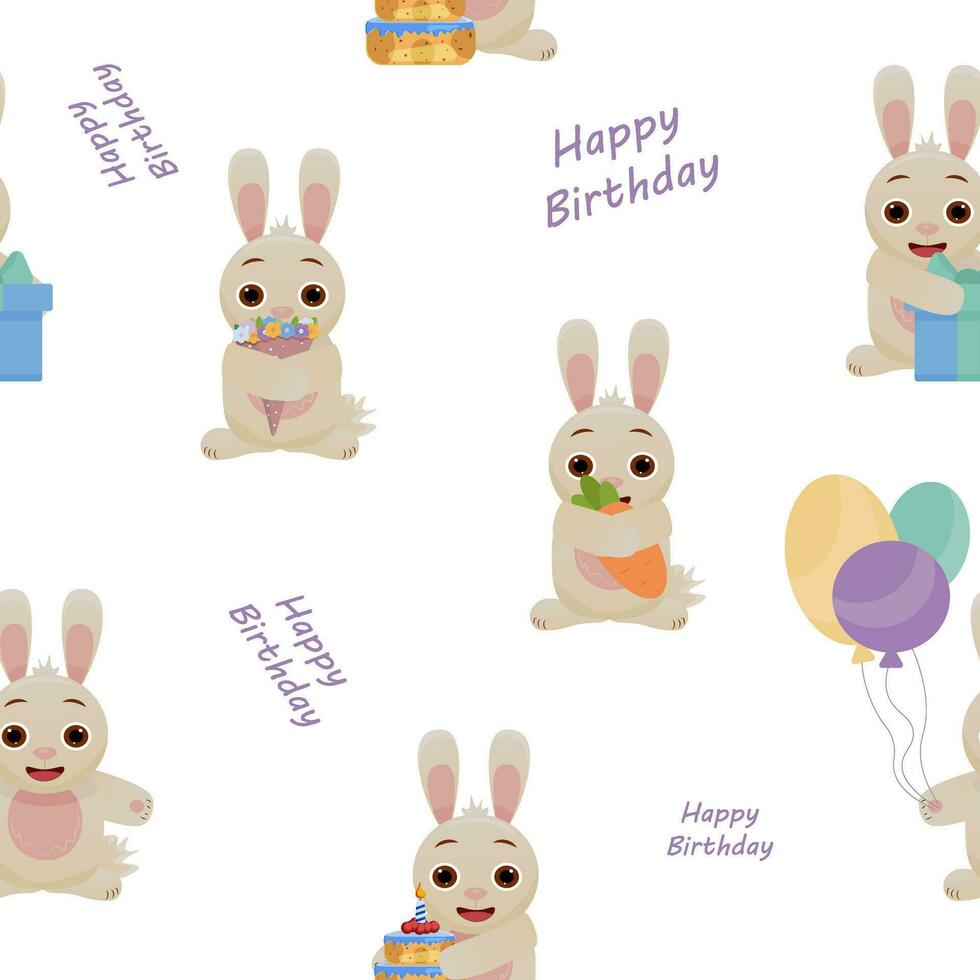 Seamless pattern for prints, patterns. Happy Birthday. Cute pattern with bunnies , rabbits. Potter with different rabbits. vector