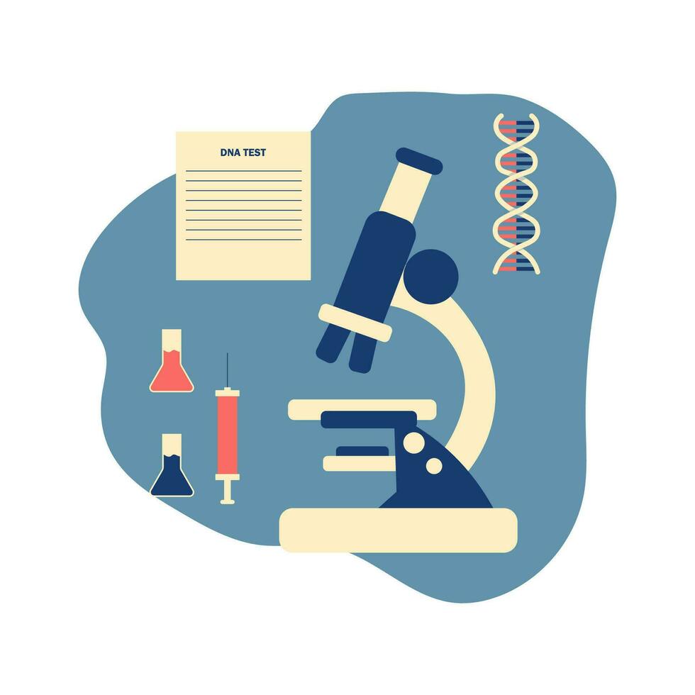 Lab research, DNA and blood test. vector flat illustration. Medical diagnostic concept.