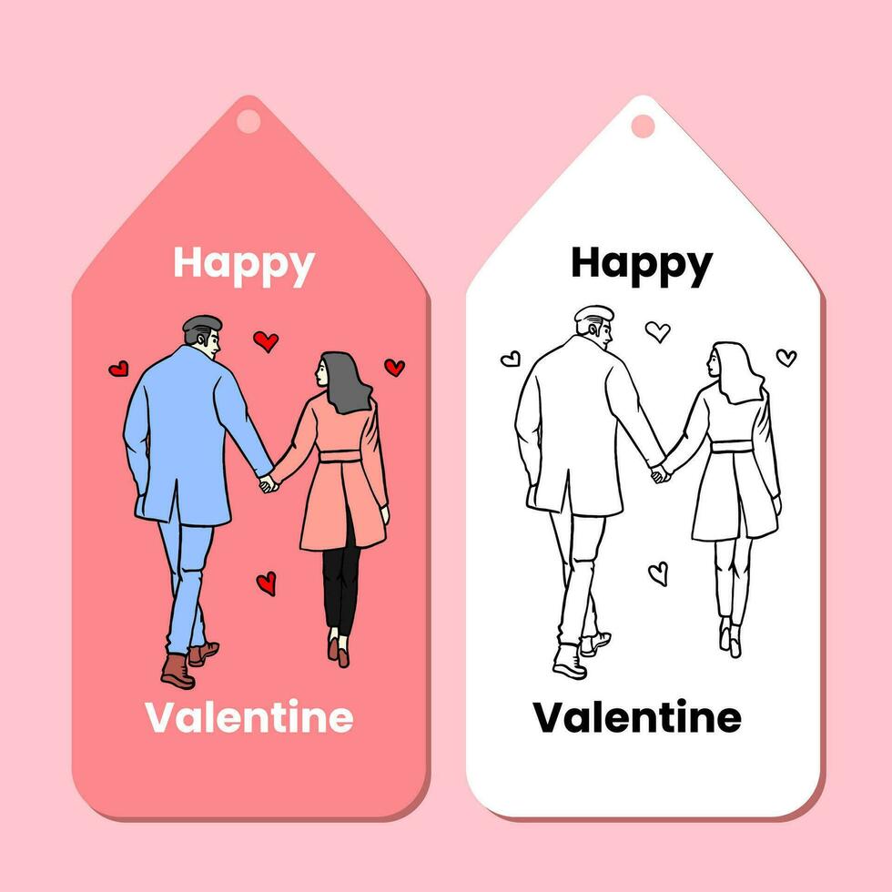 contento San Valentín día etiqueta con mano dibujado ilustración en plano diseño estilo vector