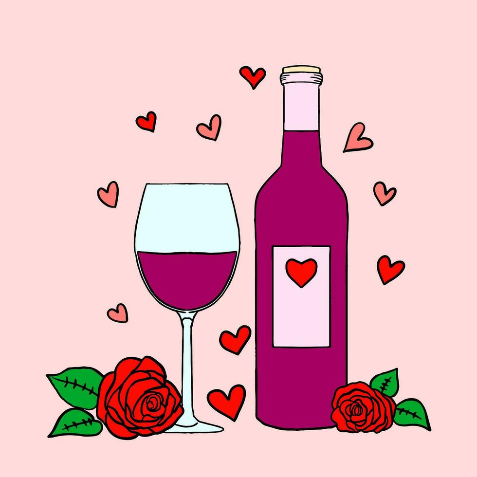 illustration of a bottle with glass and roses, illustration for Valentine's Day, flat design style vector