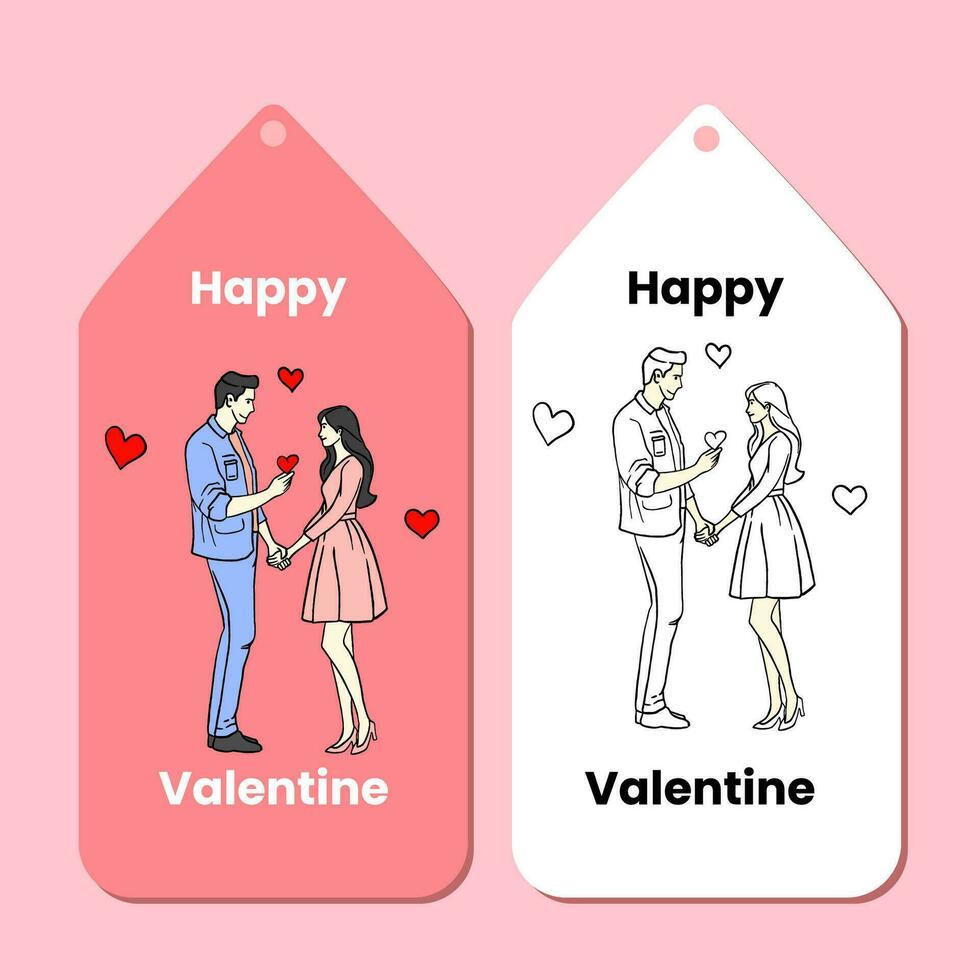 contento San Valentín día etiqueta con mano dibujado ilustración en plano diseño estilo vector