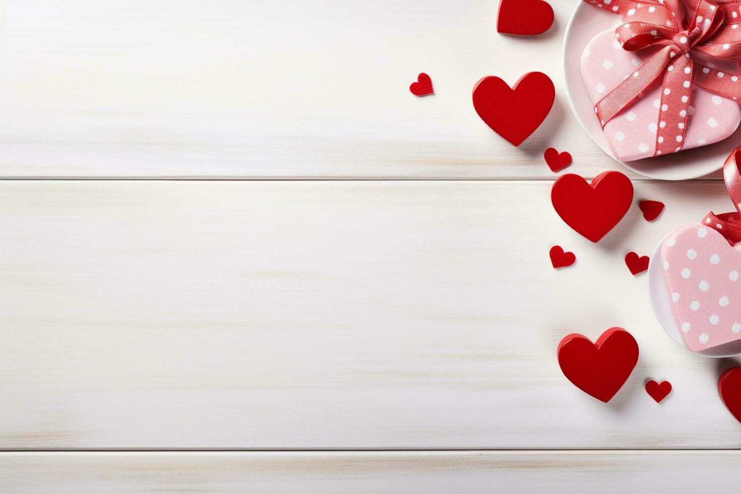 AI generated Valentine's day background. Red hearts on wooden table.  Generated ai photo