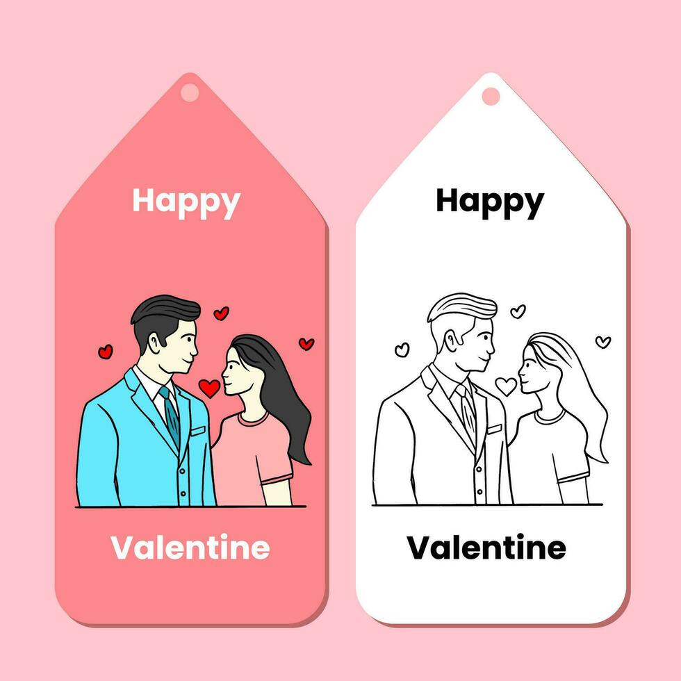 contento San Valentín día etiqueta con mano dibujado ilustración en plano diseño estilo vector