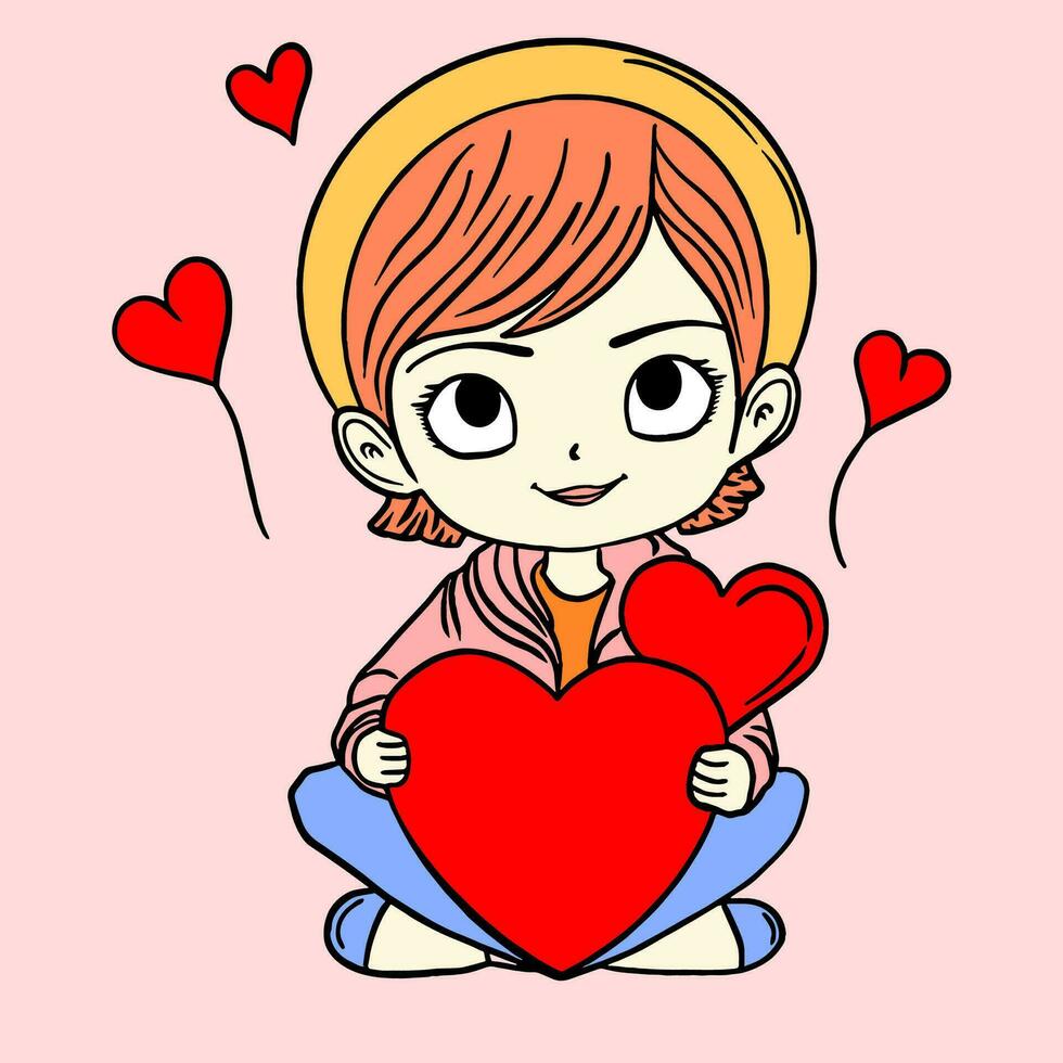 illustration of cute character holding a heart, character illustration for Valentine's Day, flat design style vector