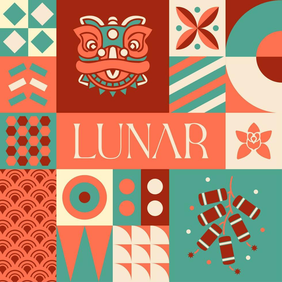 Dragon Chinese Lunar New Year seamless pattern in scandinavian style postcard with Retro clean concept design vector
