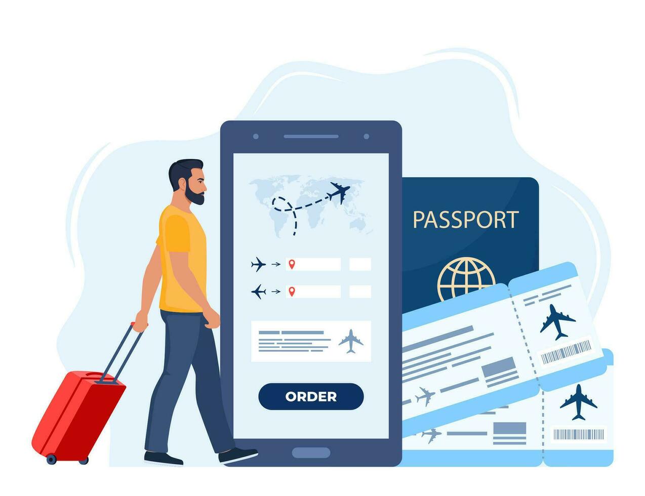 Mobile app for buying ticket with smartphone. Booking flights travel. Air tickets, passport, man walking with suitcase. Travel, journey, business trip. Vector illustration.