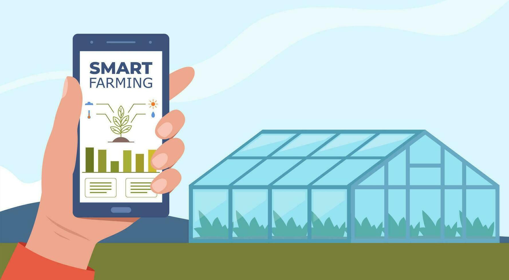 Smart farming, futuristic technologies in farm industry. Smartphone with app for control plants growing. Greenhouse on background. Vector illustration.