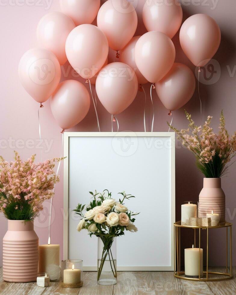 Festive birthday party decorations on table with cake, present boxes and  balloons on pastel color concept by AI Generated 31350990 Stock Photo at  Vecteezy