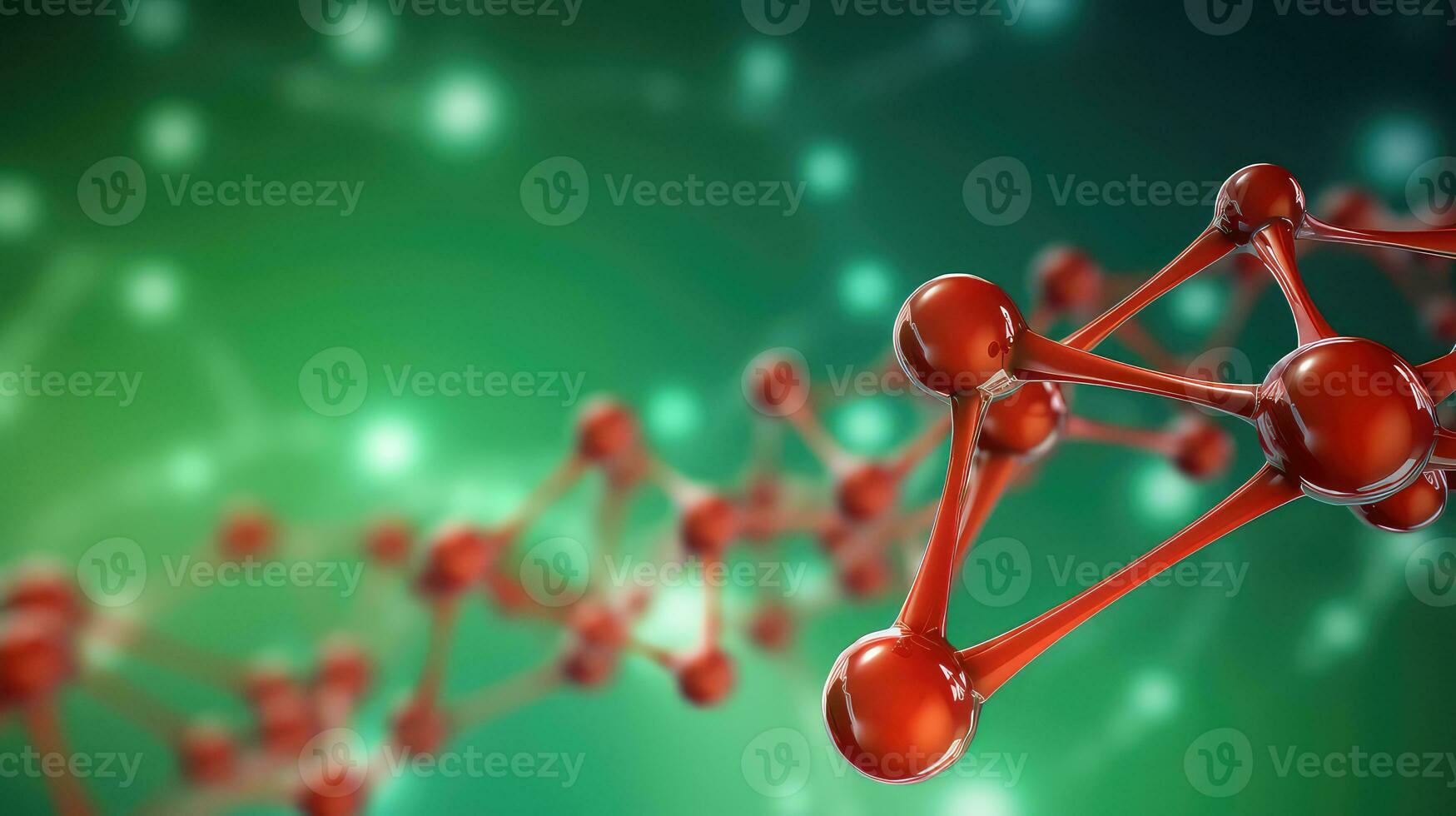 ai generado molecular estructura con rojo esferas en verde antecedentes foto