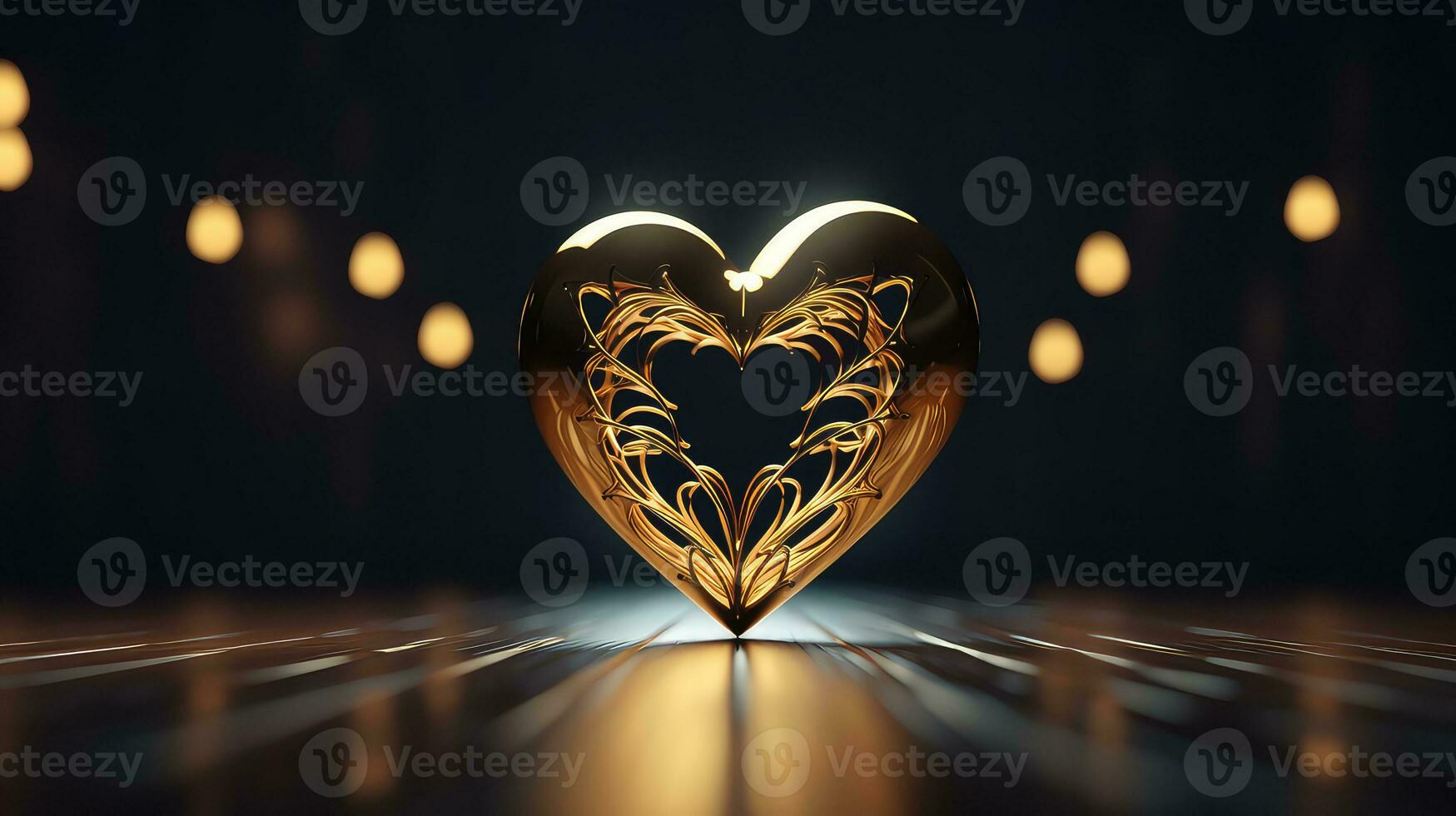 AI generated Golden heart on bokeh blur background photo