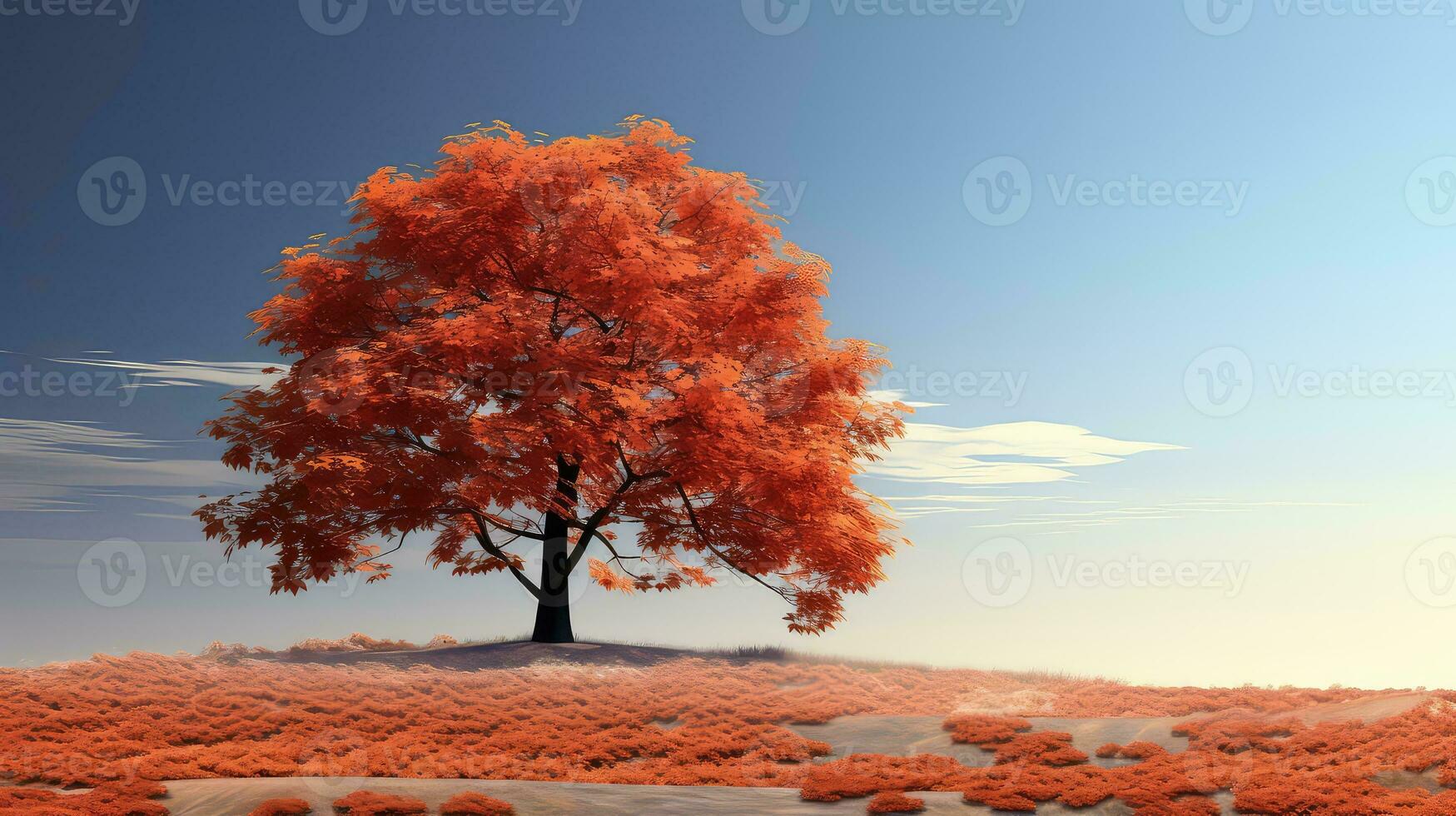 AI generated Autumn landscape with red maple tree and blue sky photo