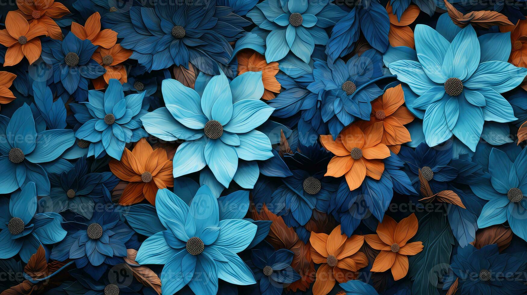 ai generado azul y naranja flores con hojas modelo antecedentes foto