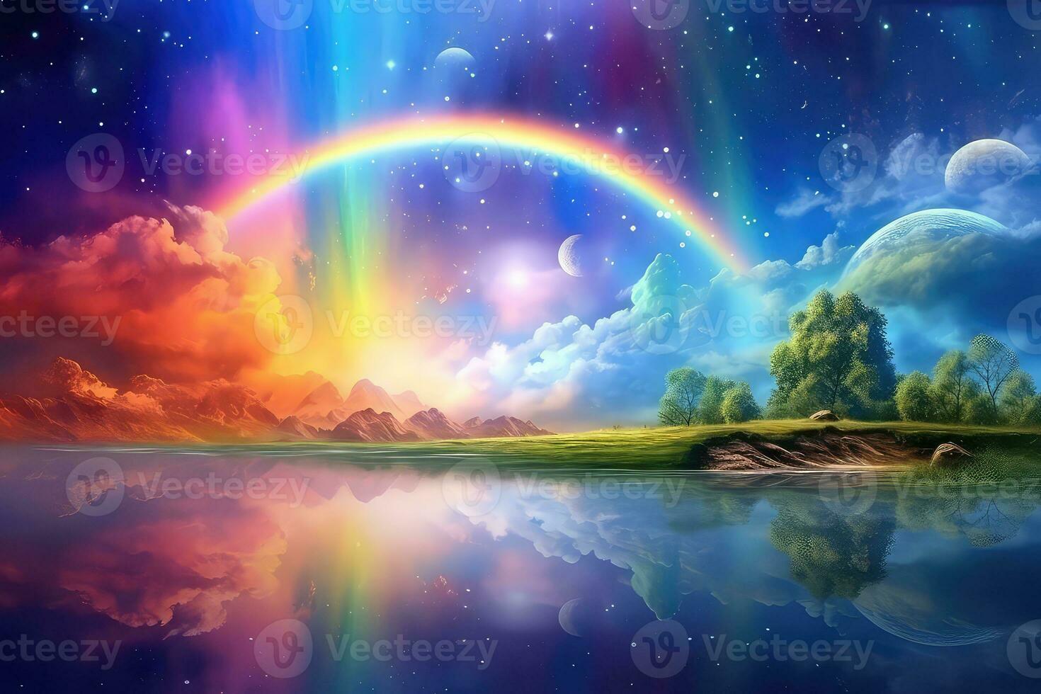 AI generated Beautiful fantasy landscape with rainbow and lake photo