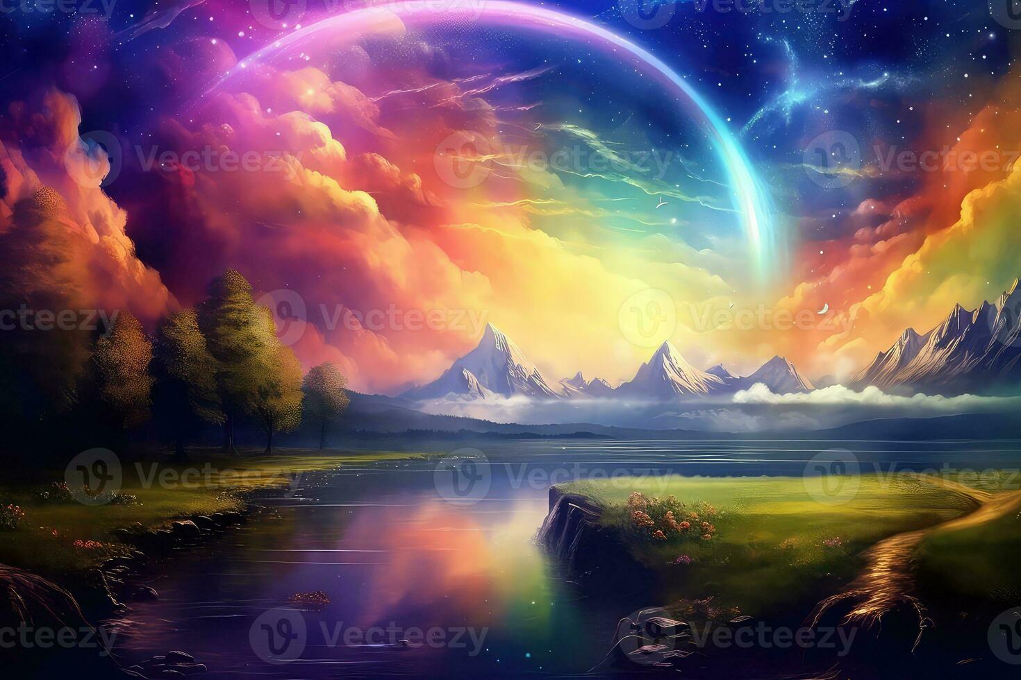 ai generado hermosa fantasía paisaje con arco iris y lago foto