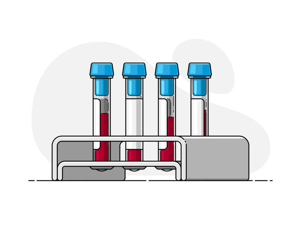 Blood test tube with rack. Isolated vector illustration in flat style with outline. Clinical, chemical laboratory research, diagnostic. Medical health care concept. Lab, analysis beaker