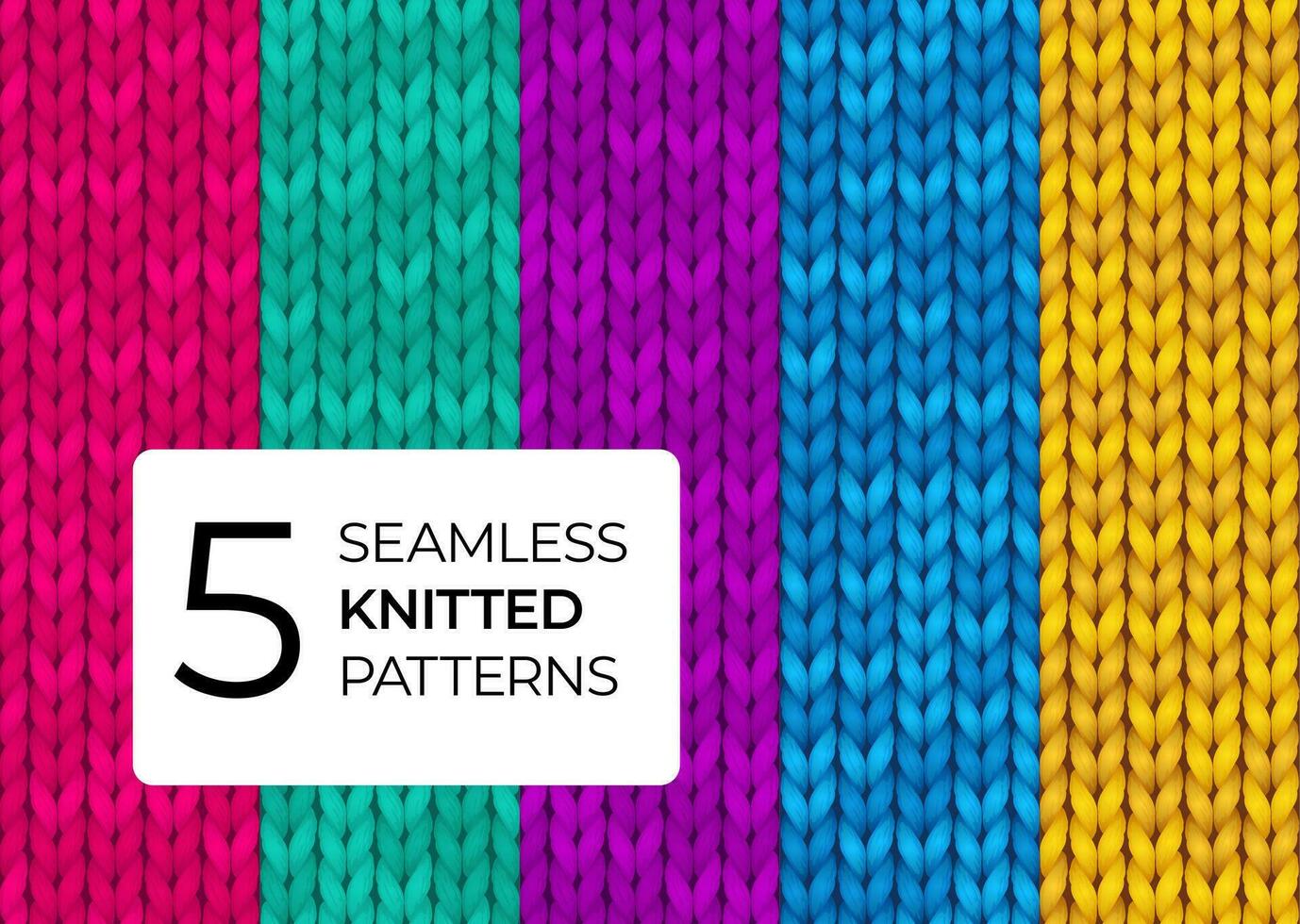 Set of seamless knitted patterns in bright modern colors. Colorful realistic knitted textures for the background of the site, postcards, wallpapers, invitations, banners. Vector illustration.
