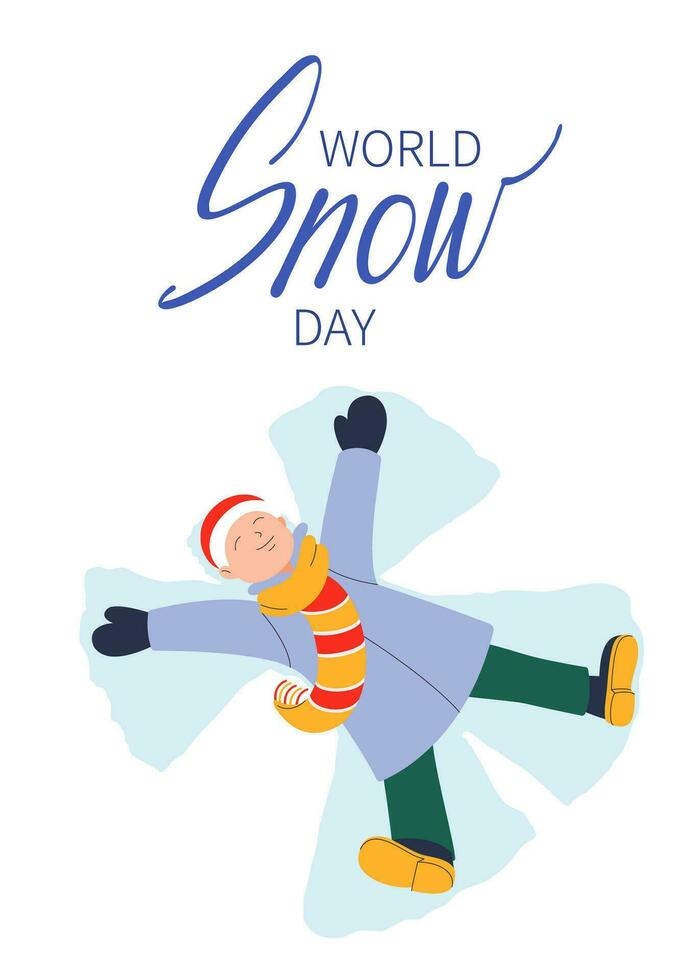 Child making snow angel on winter holiday. World Snow Day vertical card. Children enjoying cold weather. Winter holiday compositions. Funny winter activity. Playful mood. Vector illustration.