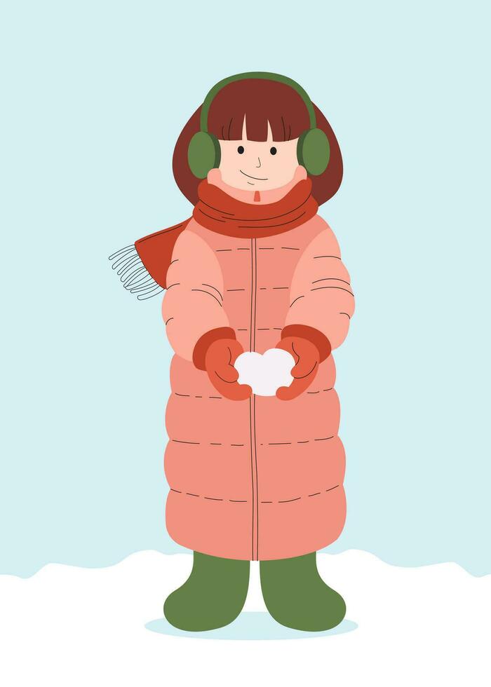 Girl in winter clothes, pink down jacket and scarf. Girl holds heart of snow. Fun winter holiday. Children winter games and entertainment. Hand drawn vector flat illustration.