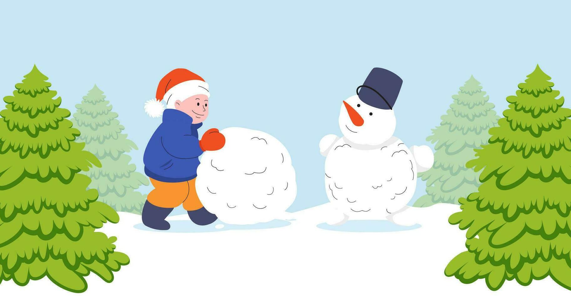 Children make snowman. Winter view background. Wintertime games and leisure. Daily activities, city park time. Hand drawn vector flat illustration.