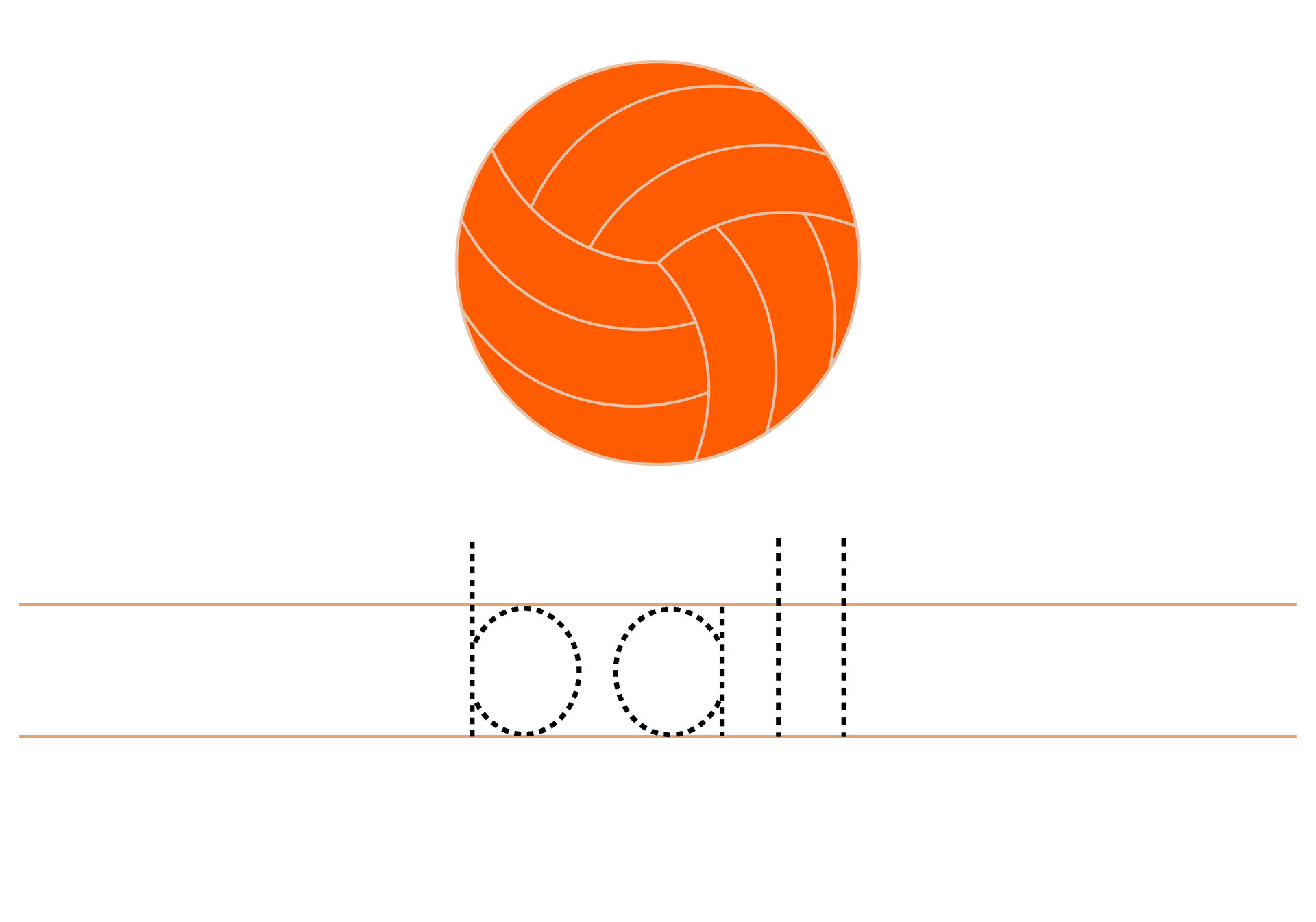 Trace word ball. English worksheet for kids. Cartoon colorful ball