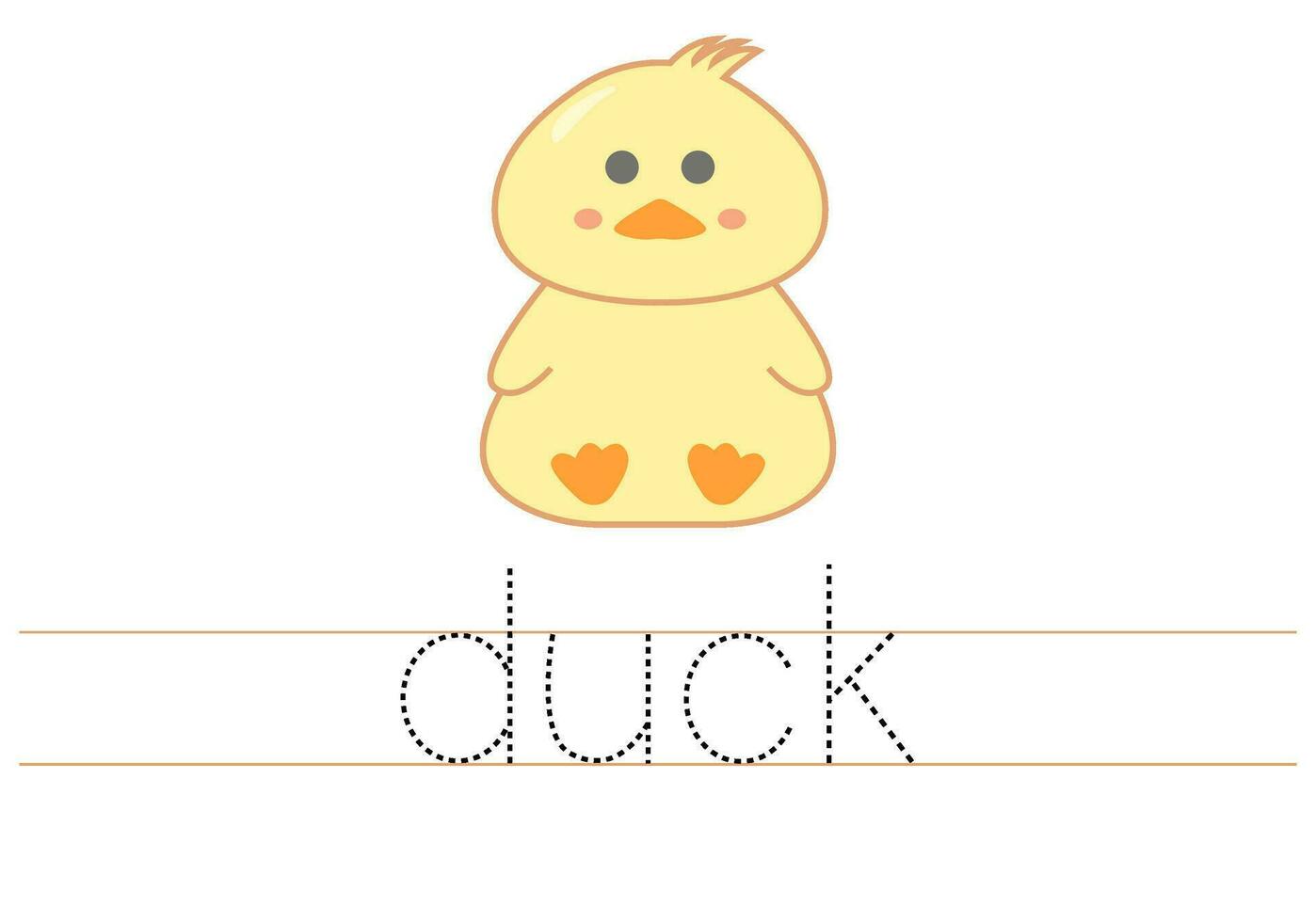 Trace word duck. English worksheet for kids. Cartoon colorful duck. vector