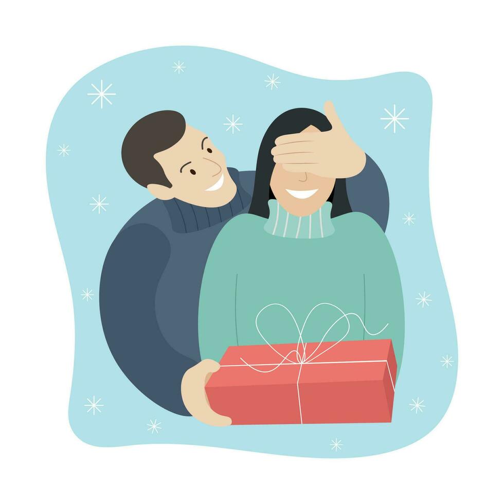 Happy couple, guy gives girl a gift, isolate on white, flat vector, event, winter illustration vector