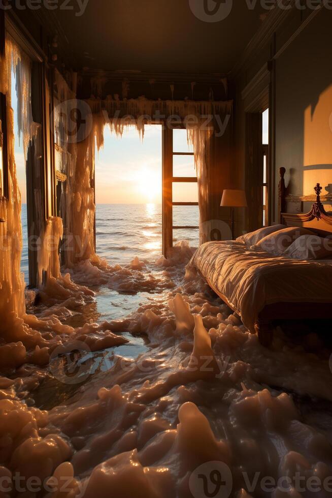 AI generated Bedroom melting into the ocean photo