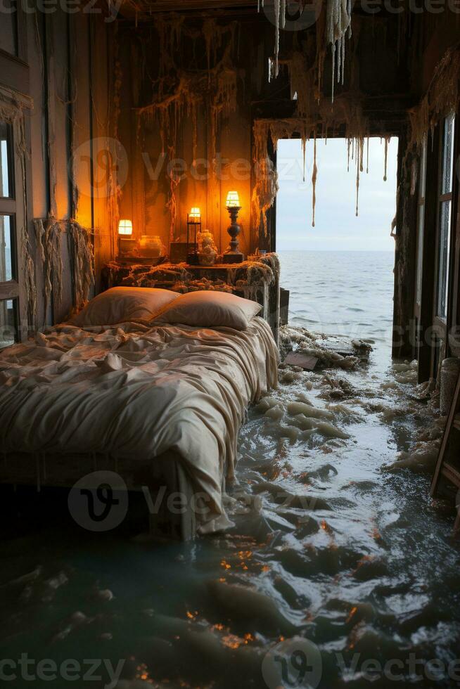 AI generated Bedroom melting into the ocean photo