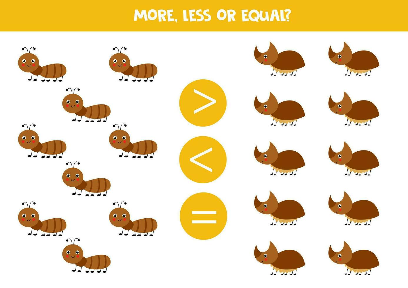 Grater, less or equal with cartoon cute insects. vector