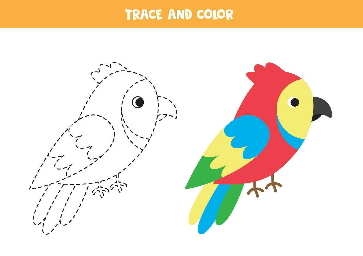Trace and color cute cartoon colorful parrot. Worksheet for children. vector