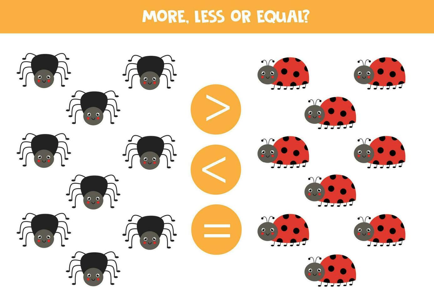 Grater, less or equal with cartoon cute insects. vector