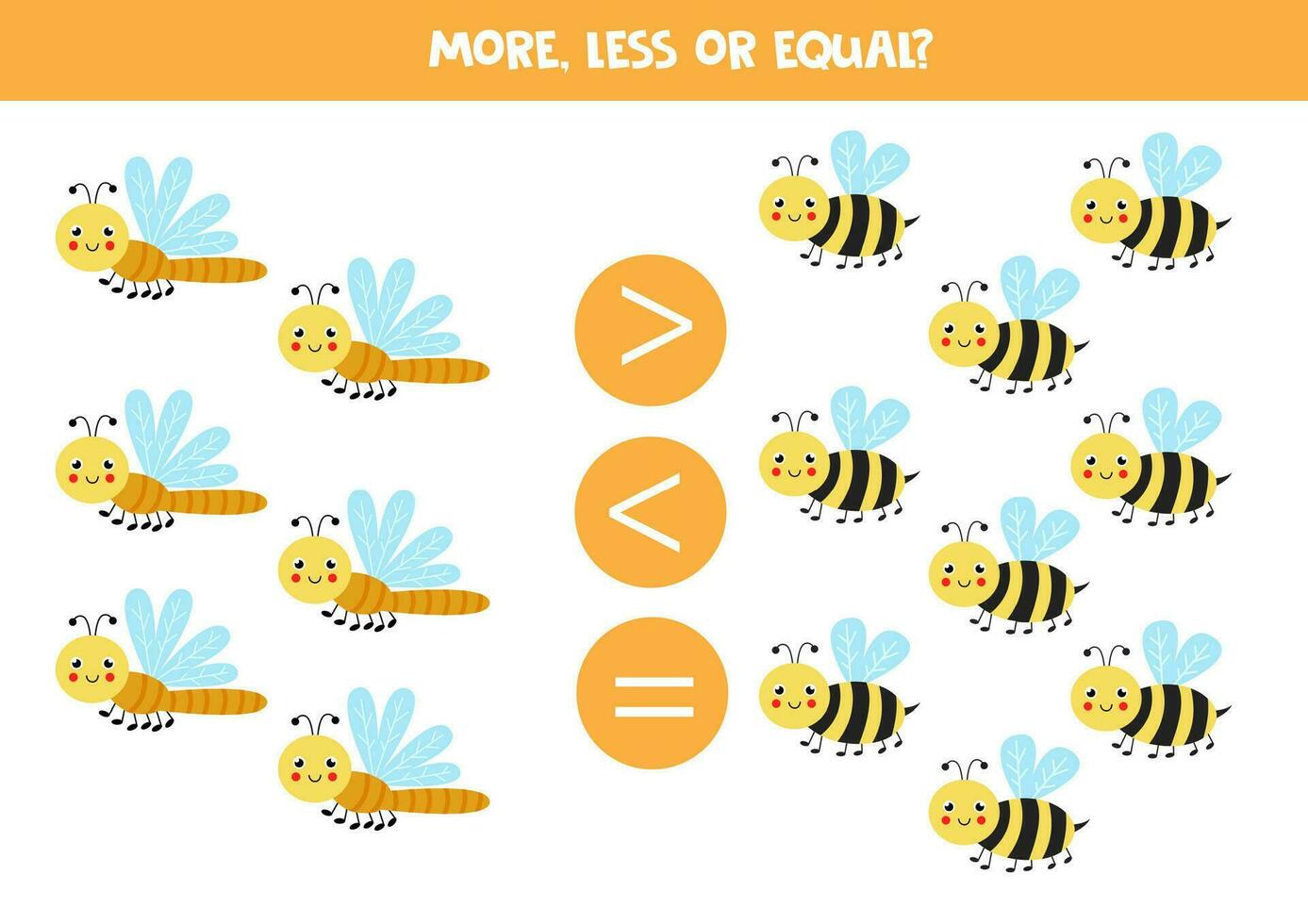 Grater, less or equal with cartoon cute butterflies and bees. vector