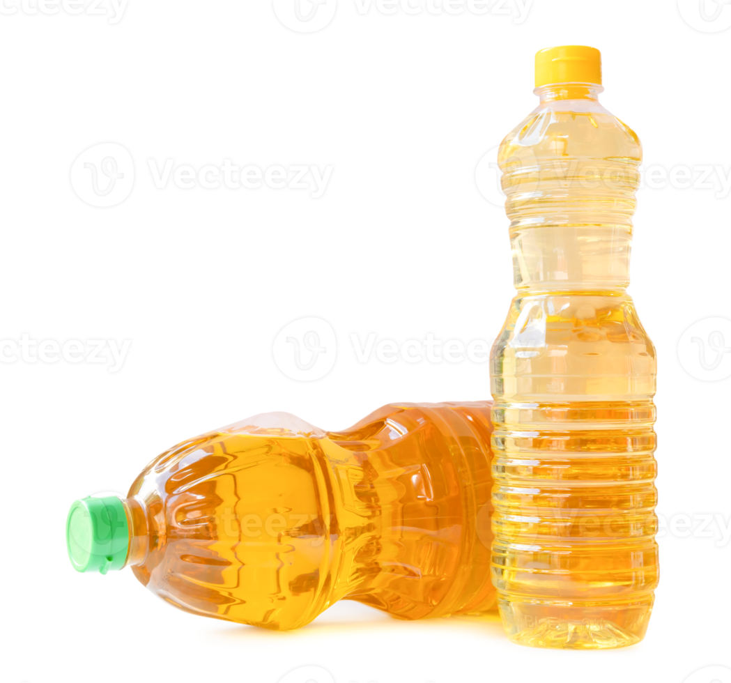 Two bottles of vegetable oils in stack isolated with clipping path and shadow in png file format. Front side view and flat lay