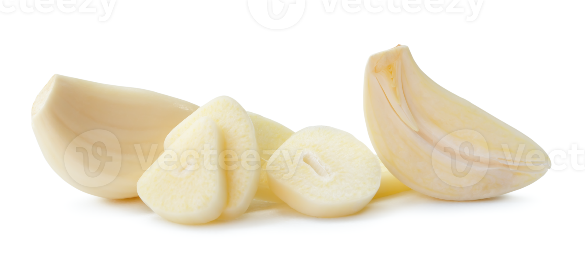 Peeled garlic clove with slices in stack isolated with clipping path and shadow in png file format