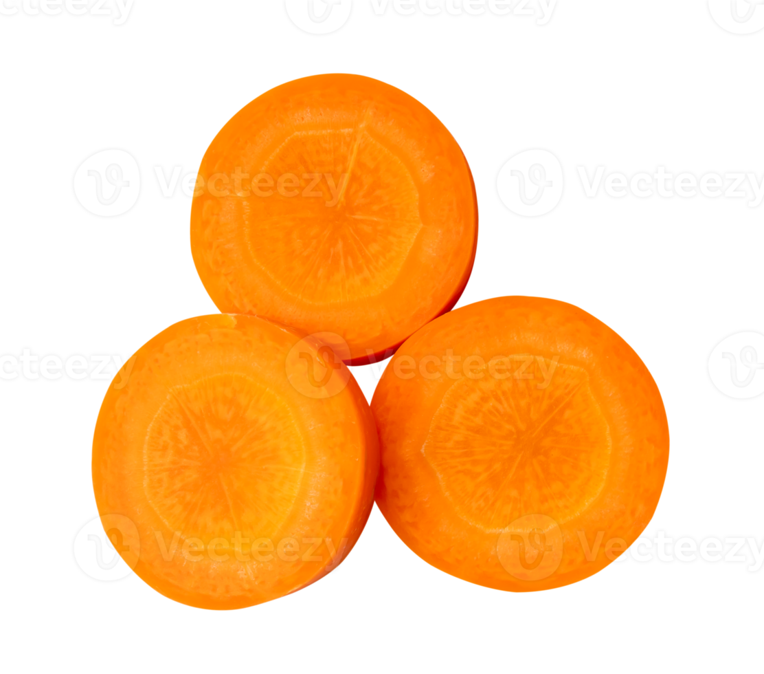 Top view of beautiful orange carrot slices in stack isolated with clipping path in png file format