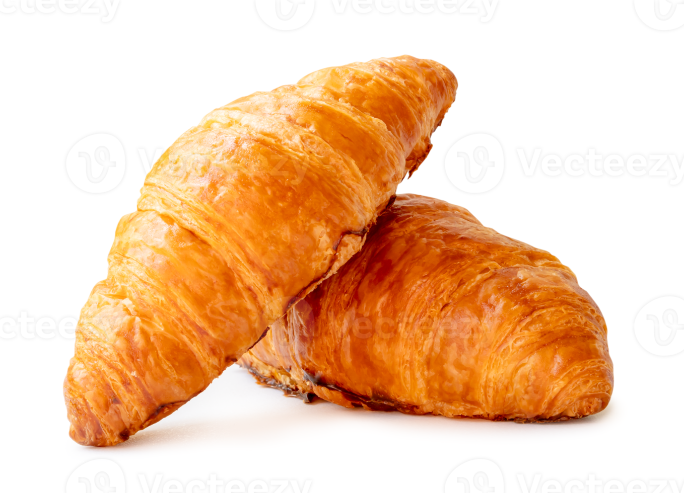Front view of delicious croissants in stack or cross shape isolated with clipping path and shadow in png file format