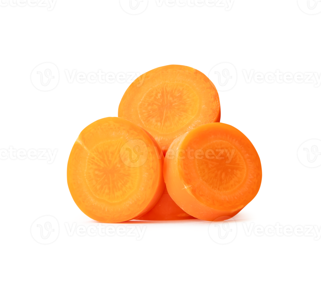 Front view of beautiful orange carrot slices in stack isolated with clipping path and shadow in png file format