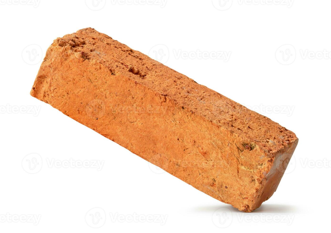 Single cracked old red or orange brick isolated on white background with clipping path. Overlay photo
