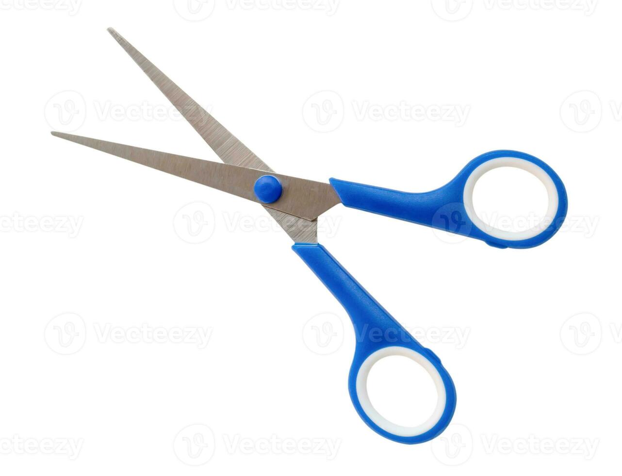 Small multipurpose scissors with blue handle isolated on white background with clipping path photo