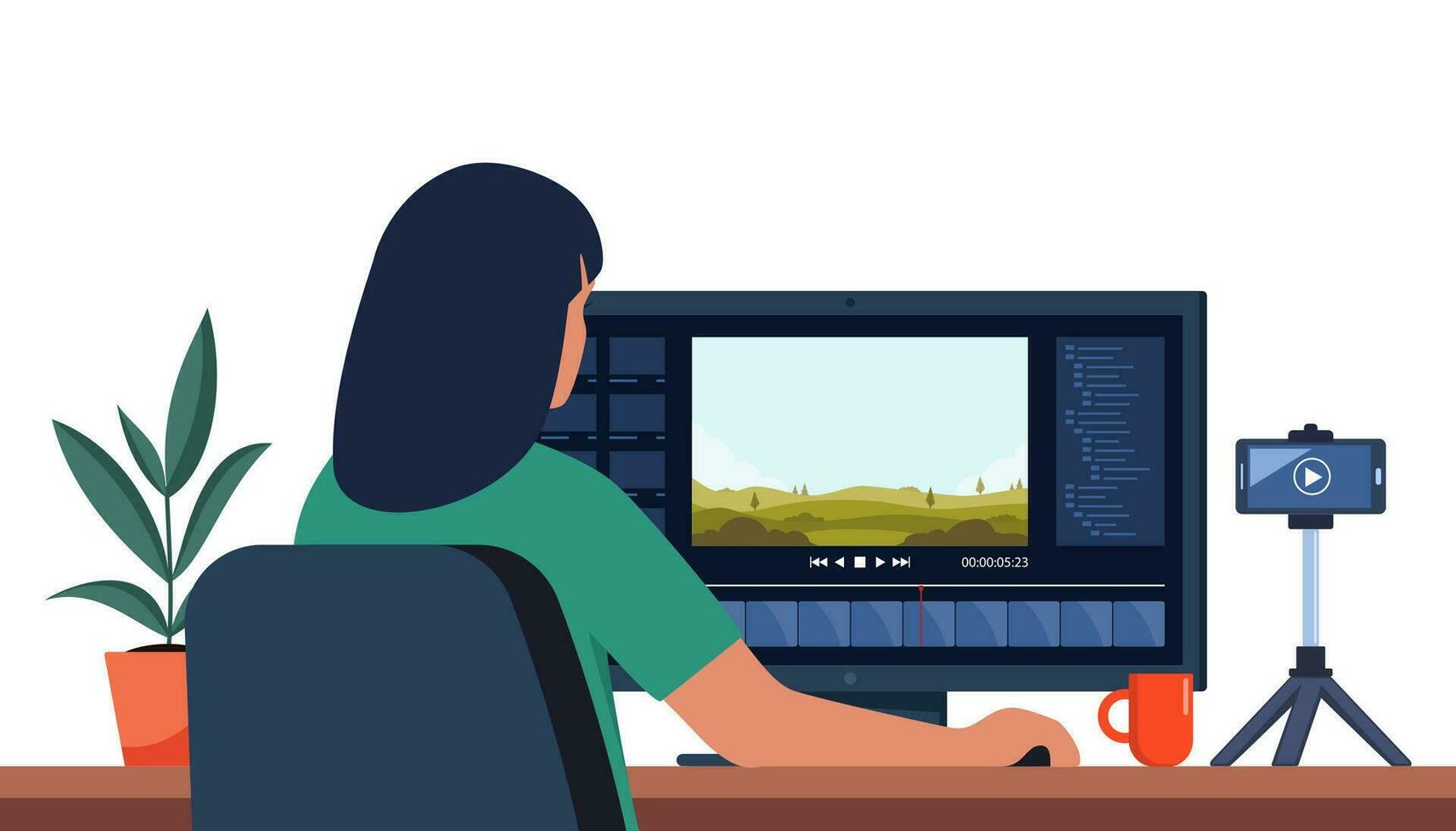 Woman professional video maker sitting at desk and editing video with video editing software. Making visual content for social media. Multimedia and film production concept. Vector illustration.