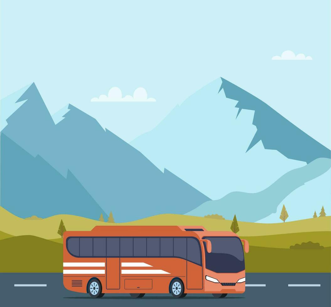 Traveling by bus. Tourist buses drive along road towards trip adventure. Travel agency commercial advertising, summer vacation tourism background with mountains. Vector illustration.