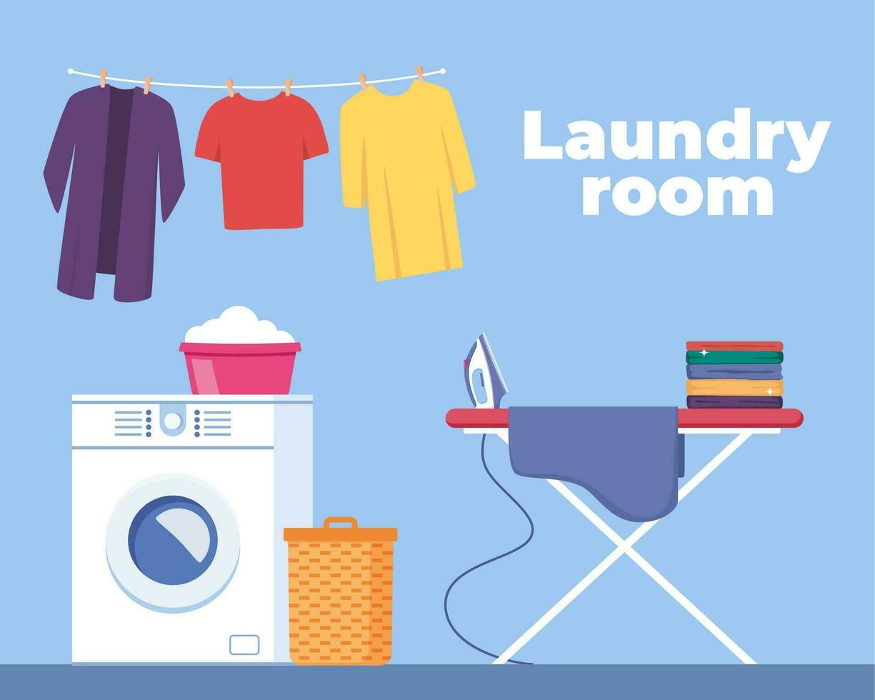 Modern laundry room interior with washing machine, ironing board, clean sheets drying on rack, dirty clothes in basket. Vector illustration.