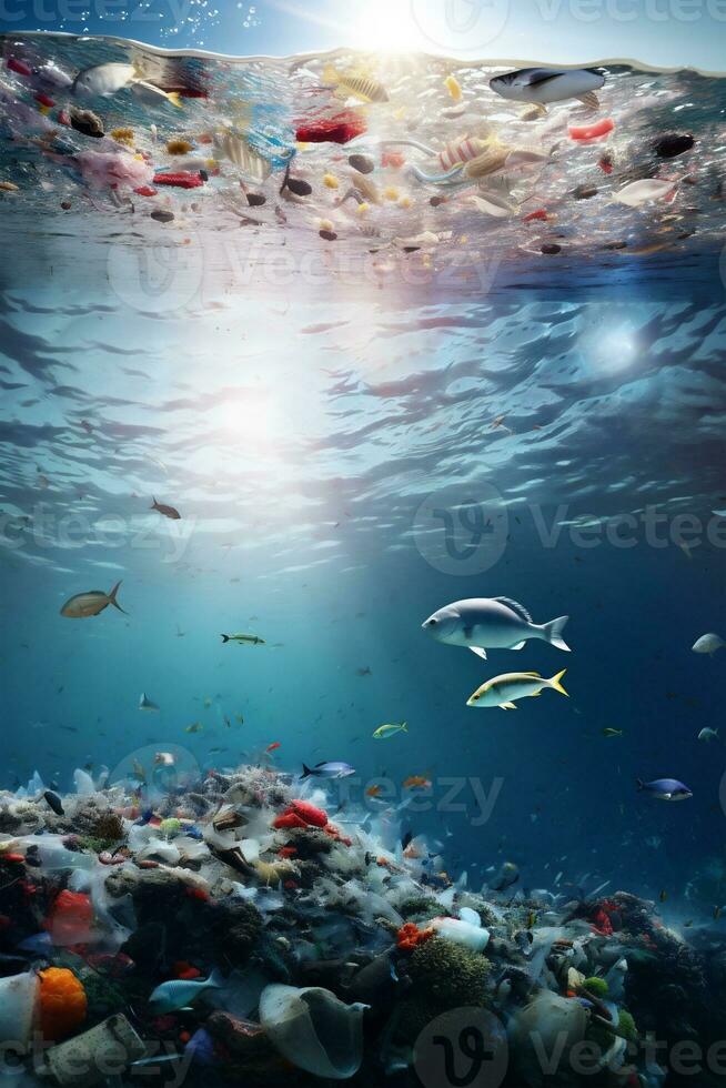 AI Generated Environmental problem of plastic rubbish pollution in ocean. Polluted seabed and fish photo