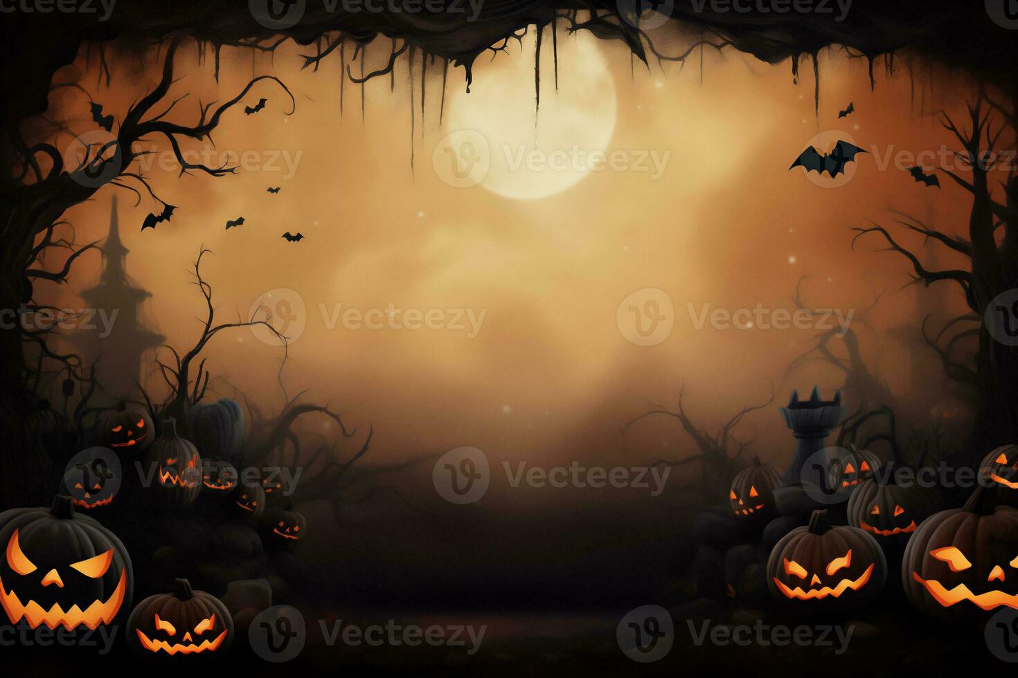 AI Generated Halloween pumpkins in graveyard on the spooky Night. Halloween background concept. High quality photo