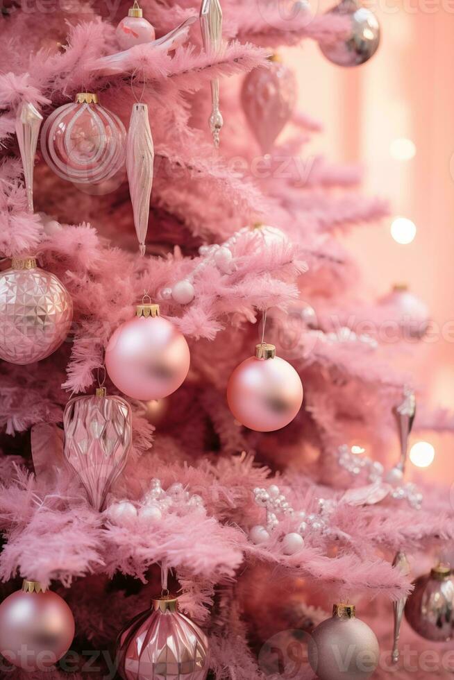 AI Generated Pink Christmas tree and different christmas decorations. Happy New Year and Xmas Christmas concept photo