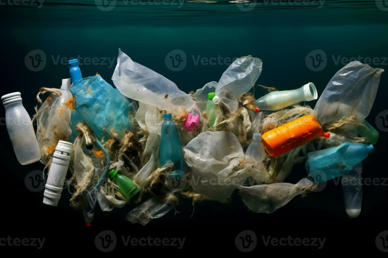 AI Generated Environmental problem of plastic rubbish pollution in ocean. Polluted sea photo