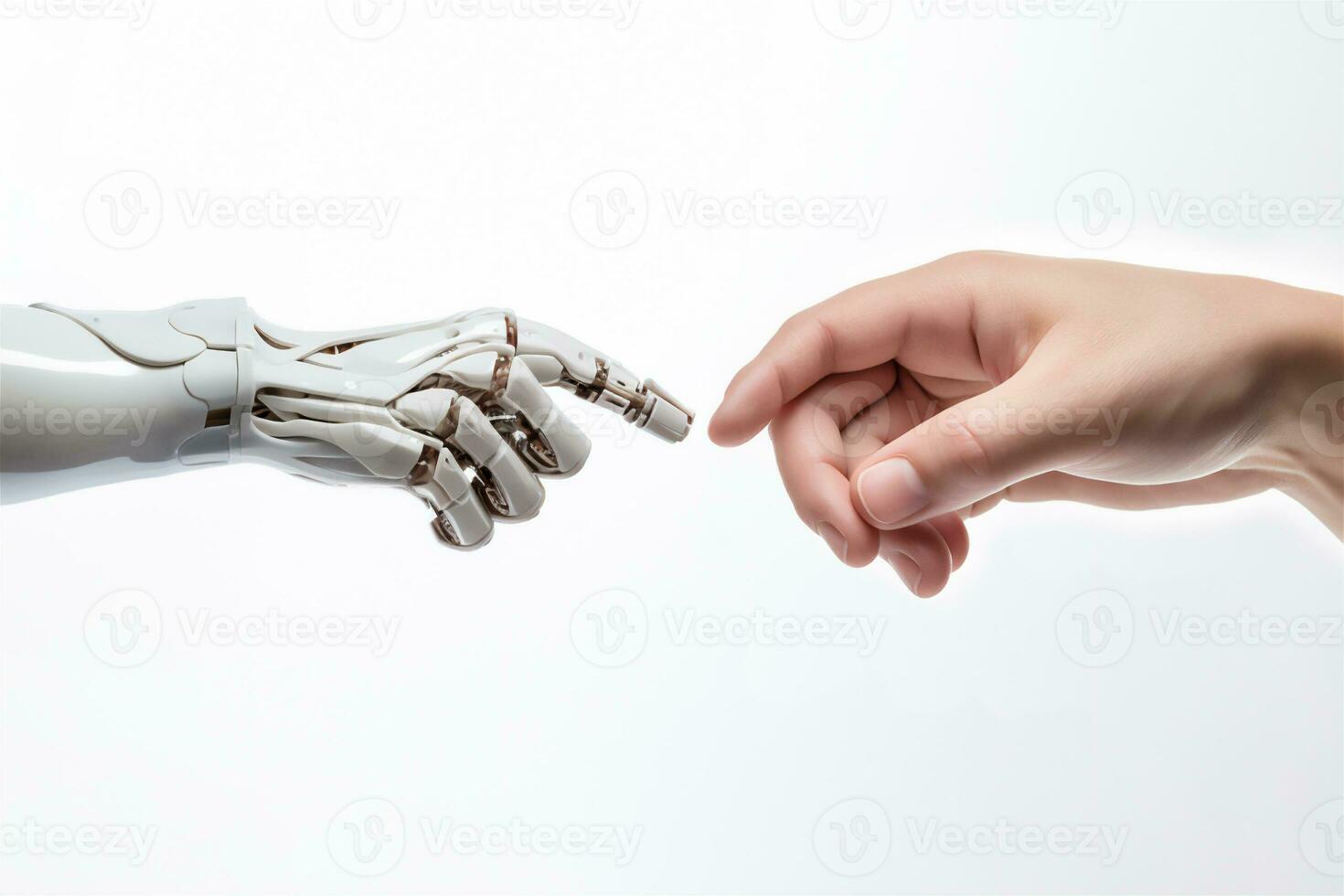 AI Generated Human hand touching robot finger on white background. High quality photo