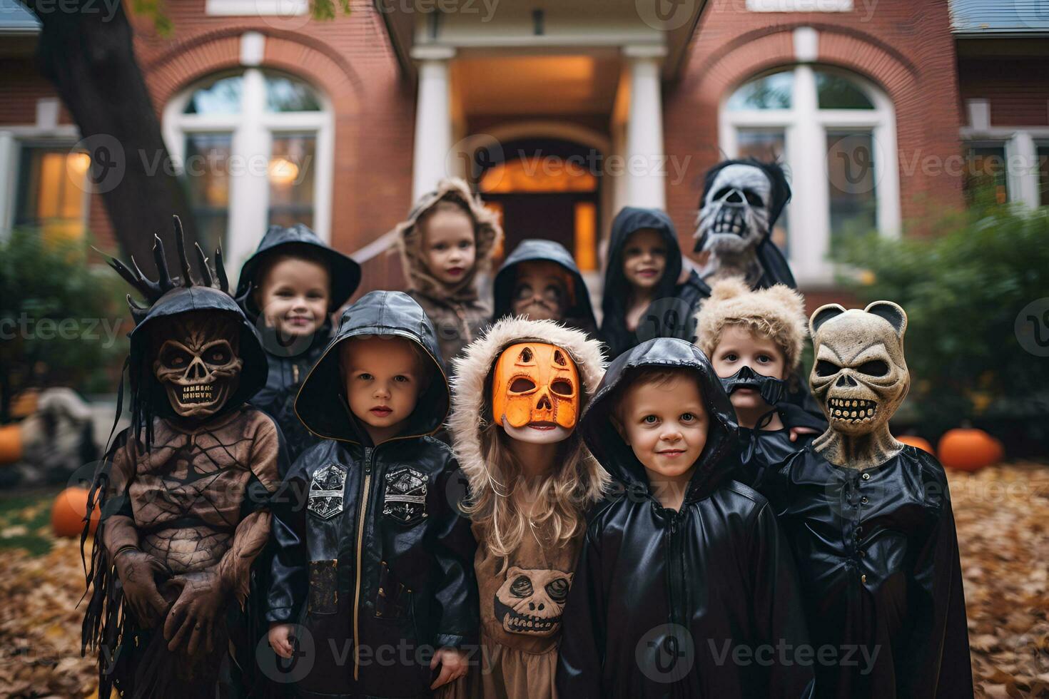 ai generado grupo de niños en disfraces durante Víspera de Todos los Santos fiesta cerca moderno casa. alto calidad foto