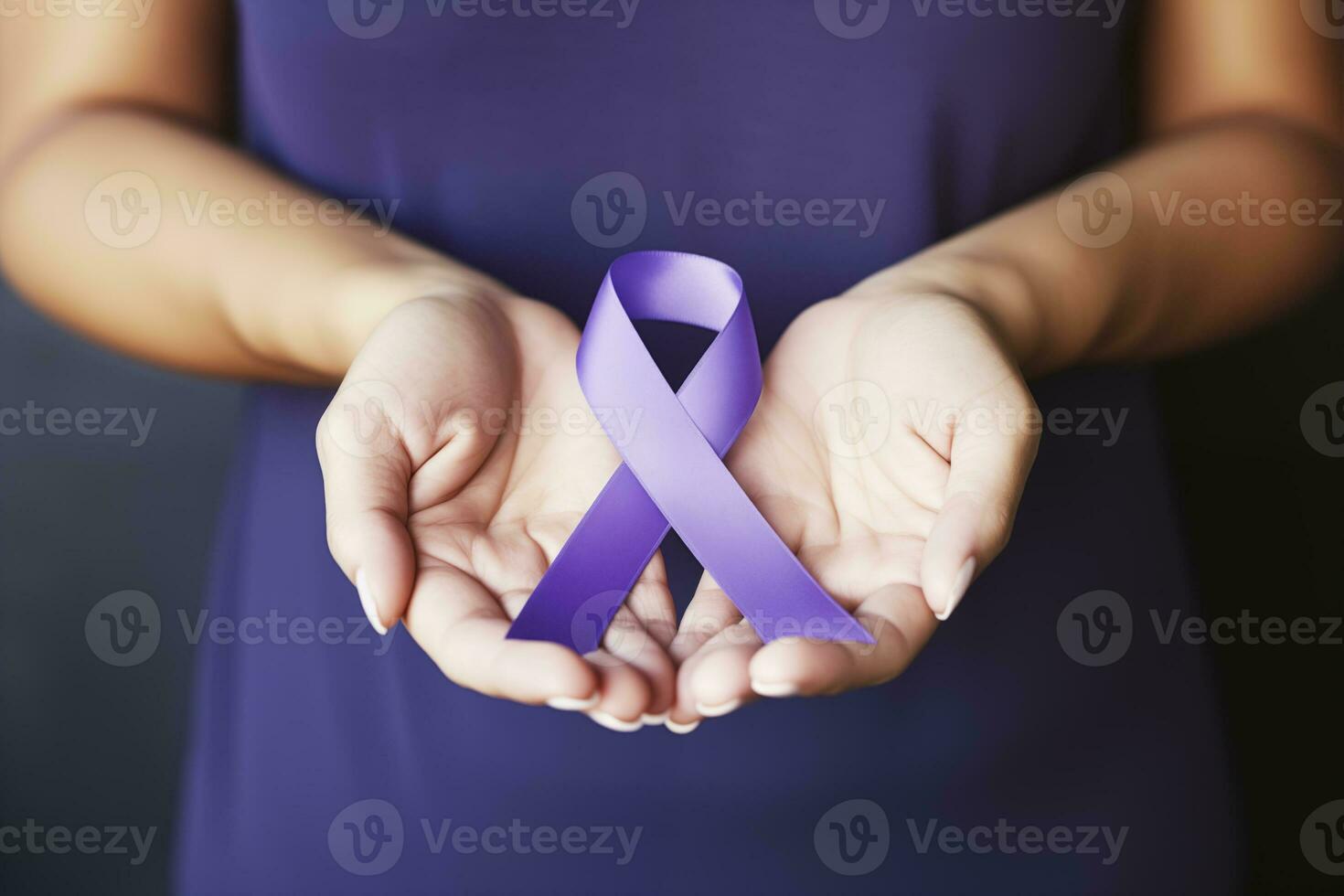 AI Generated Eating disorders concept. Woman hands with a purple ribbon as a symbol of awareness of anorexia photo