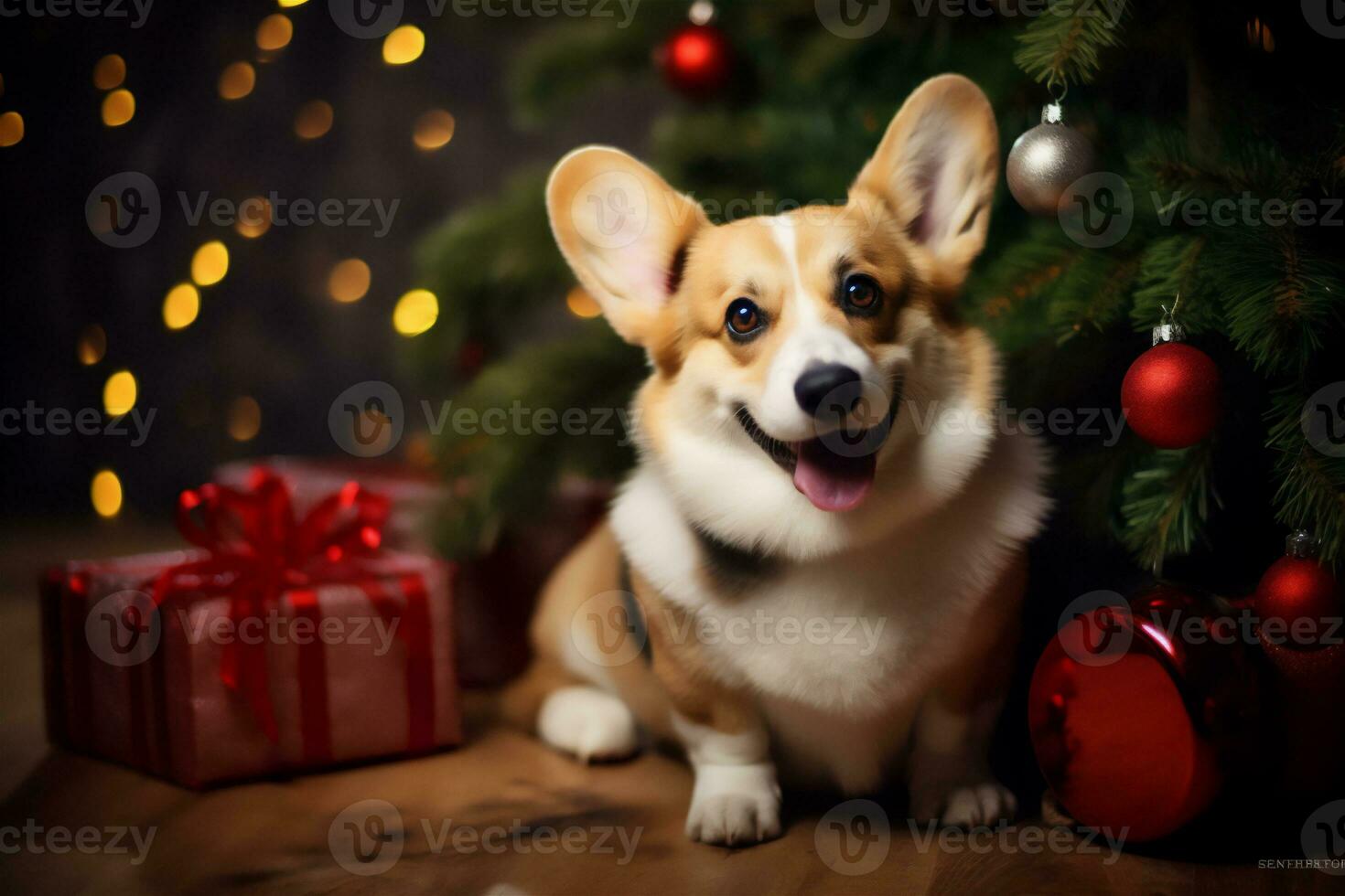 AI Generated Adorable Welsh Corgi Pembroke celebrating Happy New Year and Merry Christmas. High quality photo